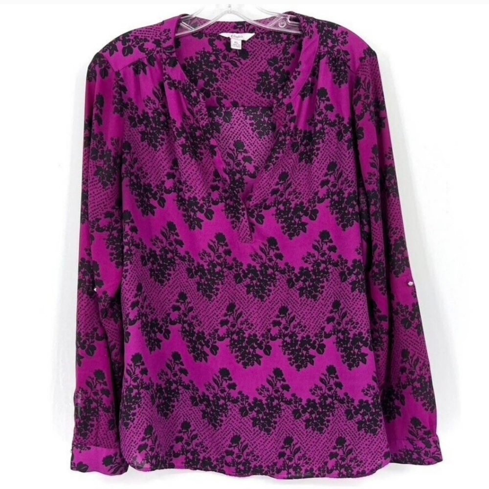 Candie's Women's Purple Black Floral Shirt Roll Tab Sleeve Shirt Top Size XL